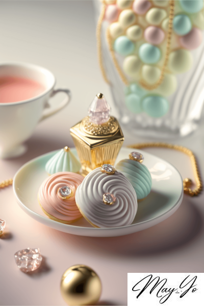 くすみパステルカラーのお茶菓子風ジュエリーの壁紙イラスト お茶会みたいなアクセサリーのイラスト待受 AIイラスト待受 縦長画像 afternoon teaparty jewelry fiction art dusty pastel color