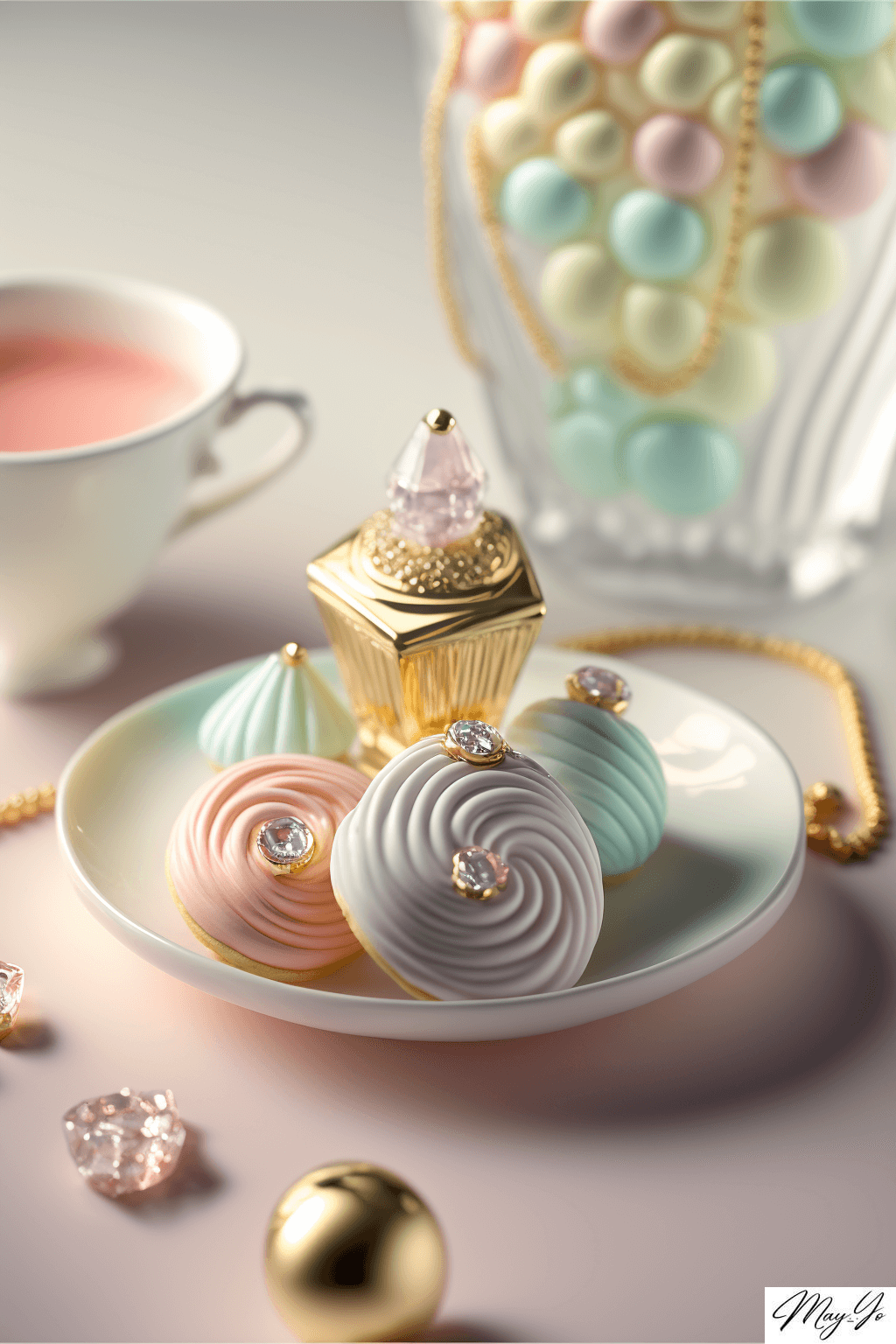 くすみパステルカラーのお茶菓子風ジュエリーの壁紙イラスト お茶会みたいなアクセサリーのイラスト待受 AIイラスト待受 縦長画像 afternoon teaparty jewelry fiction art dusty pastel color