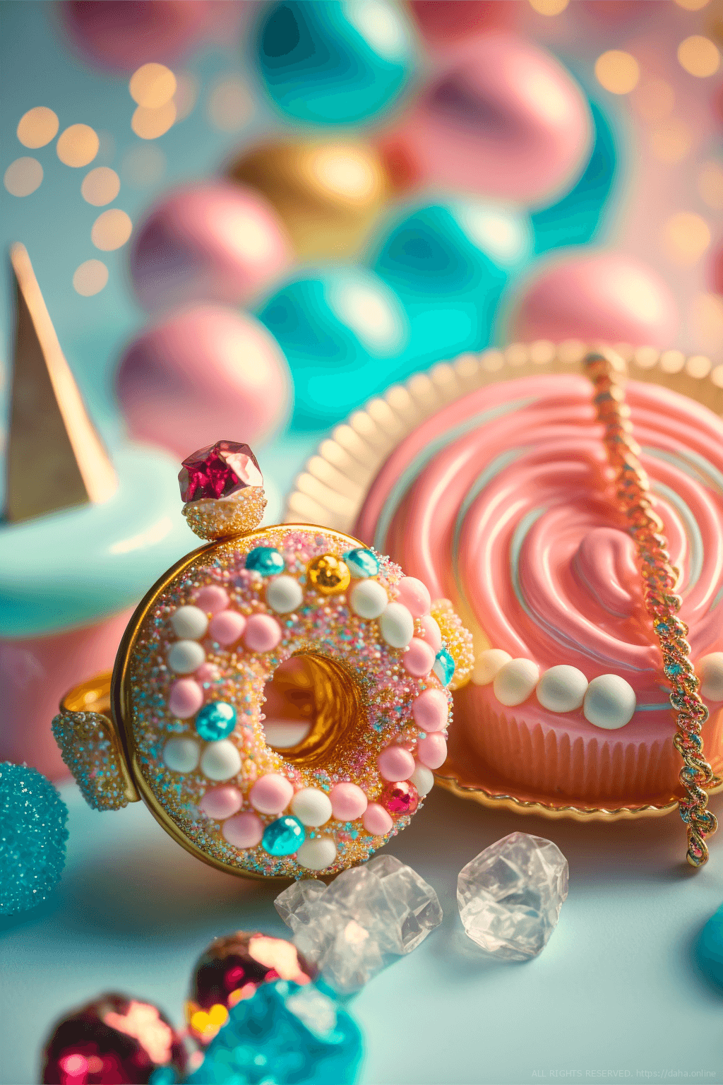 ドーナツモチーフのアクセサリーの壁紙イラスト ゆめかわいいドーナツ型雑貨のイラスト待受 AIイラスト待受 縦長画像 cute pop donuts accessory fiction art sugar donuts charm