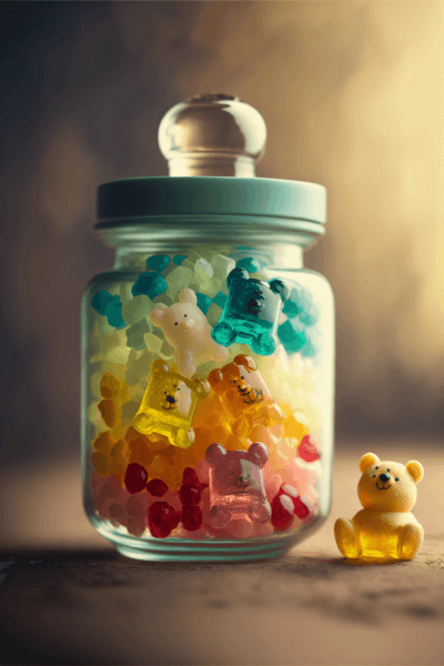 カラフルなグミベアとキャンディの壁紙イラスト ガラスのポットに入ったお菓子のイラスト待受 AIイラスト待受 縦長画像 colorful gummy bear fiction art candypot glass jar