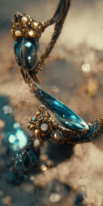 涙をモチーフにした砂漠のジュエリーの壁紙イラスト エキゾチックな青い宝石の待受 ゴールドのアクセサリー AIイラスト待受 縦長画像 teardrop accessory illustration gold and blue exotic