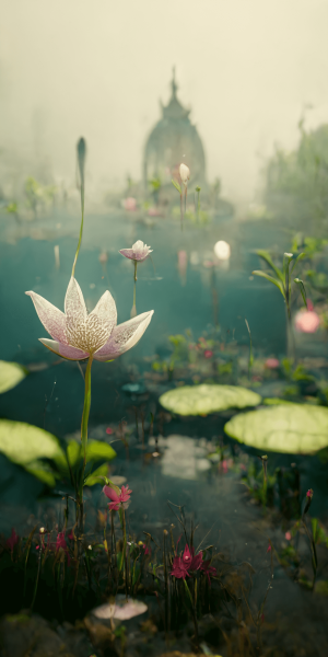 百合と蓮が咲く幻想的な池のイラスト 湖畔の壁紙 AIイラスト待受 縦長画像 lotus lily flower illustration garden