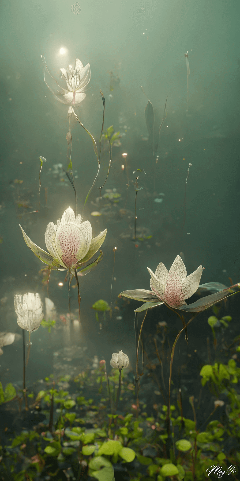 百合と蓮が咲く幻想的な池のイラスト 湖畔の壁紙 AIイラスト待受 縦長画像 lotus lily flower illustration garden