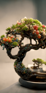 魔法の世界の盆栽の壁紙イラスト 不思議な実が成る盆栽風植物のイラスト待受 AIイラスト待受 縦長画像 magical bonsai illustration green fiction art