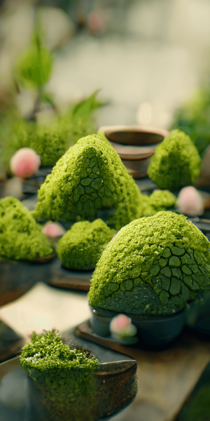 抹茶アイスでできた庭園・盆栽風スイーツのイラスト 抹茶の庭の壁紙 AIイラスト待受 縦長画像 matcha ice garden illustration bonsai