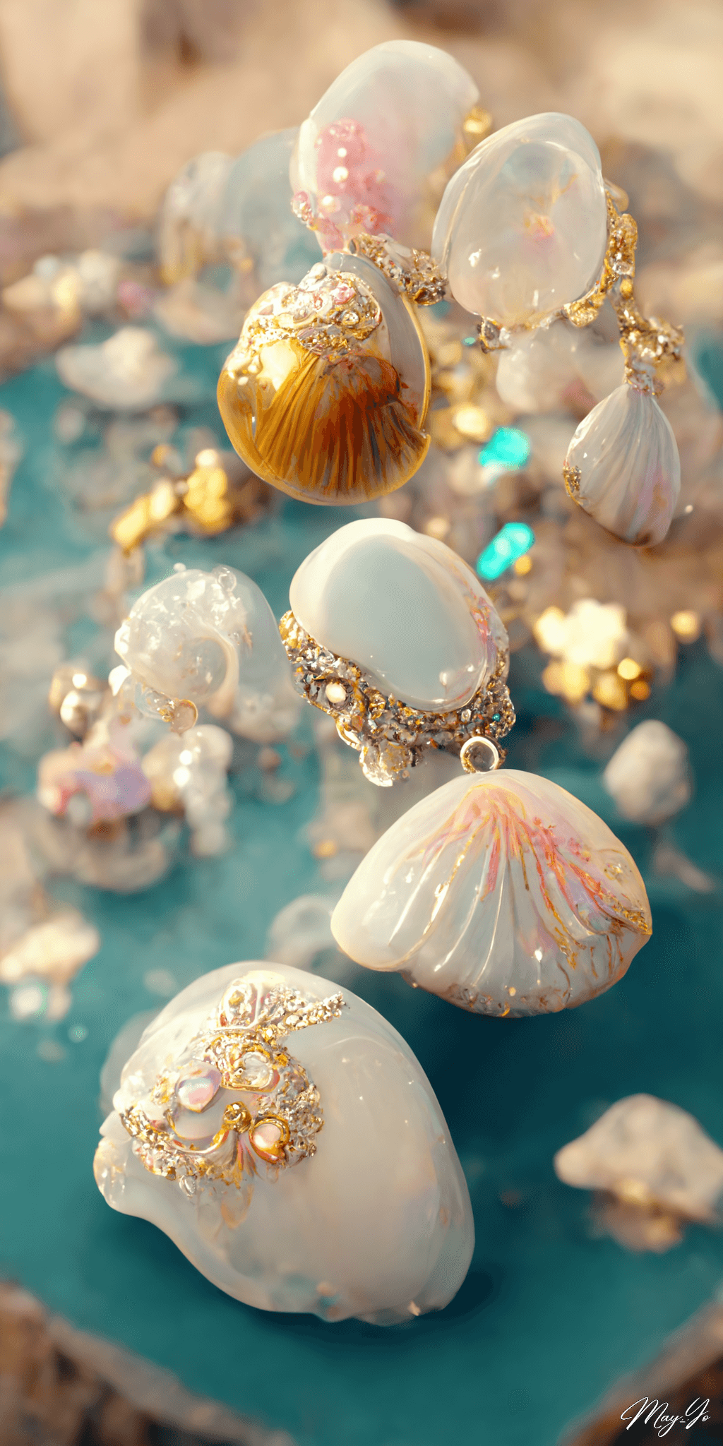 人魚をイメージしたマーメイド風ジュエリーのイラスト ブローチ エメラルドグリーン 輝く貝殻の宝石の壁紙 ゴールドをあしらったジュエリー イラスト AIイラスト待受 縦長画像 mermaid jewerly illustration gold and shell pearl luxery
