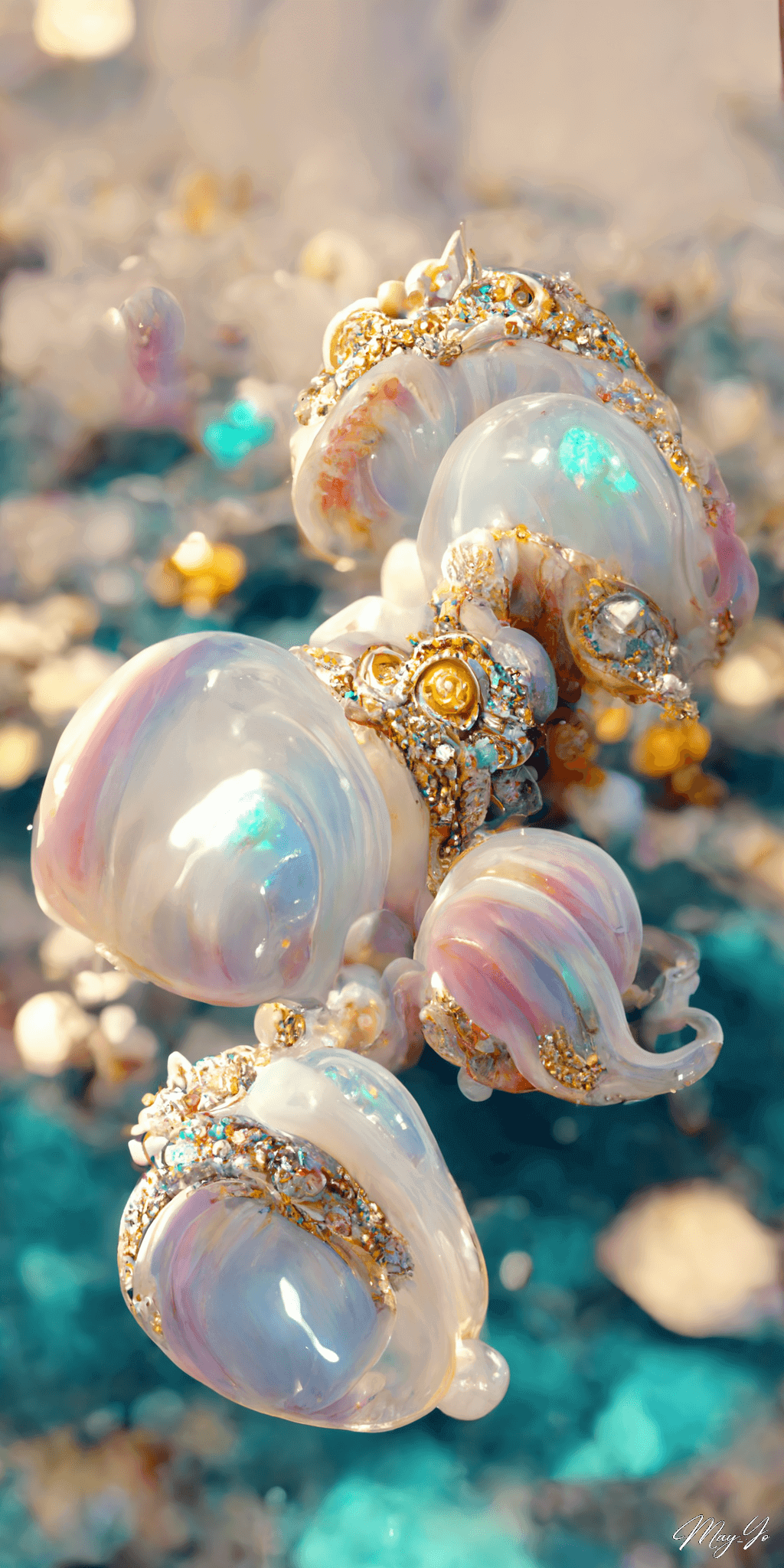 人魚をイメージしたマーメイド風ジュエリーのイラスト 輝く貝殻の宝石の壁紙 ゴールドをあしらったジュエリー イラスト AIイラスト待受 縦長画像 mermaid jewerly illustration gold and shell pearl luxery