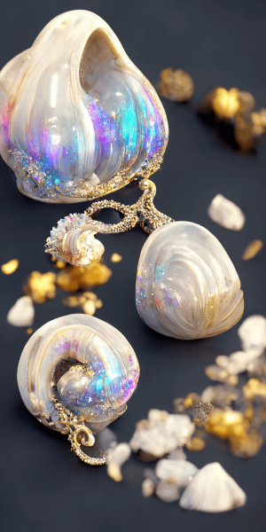 マーメイドの宝物 オパール色に輝く貝殻の宝石の壁紙 ゴールドをあしらったジュエリー 黒背景 イラスト AIイラスト待受 縦長画像 mermaid jewerly illustration gold and shell pearl luxery