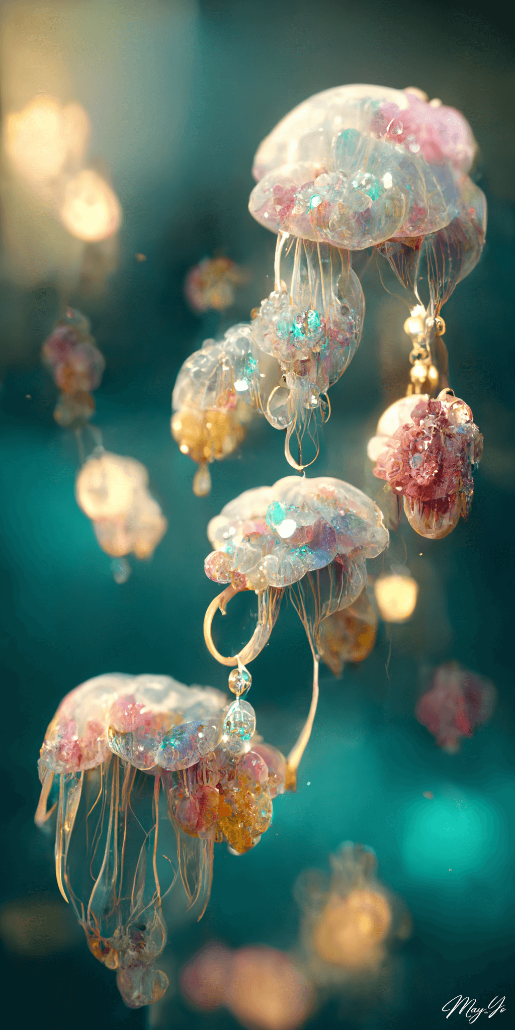 宝石でできたクラゲのイラスト待受 オパールカラー 白 黄色 ピンク 水色 幻想的な海の生き物のジュエリー AIイラスト壁紙 縦長画像 jellyfish jewerly illustration luxery romantic