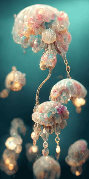 宝石でできたクラゲのイラスト待受 オパールカラー 白 緑 幻想的な海の生き物のジュエリー AIイラスト壁紙 縦長画像 jellyfish jewerly illustration luxery romantic