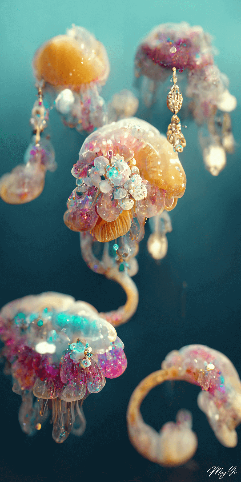 宝石でできたクラゲのイラスト待受 オパールカラー 白 黄色 ピンク 水色 幻想的な海の生き物のジュエリー AIイラスト壁紙 縦長画像 jellyfish jewerly illustration luxery romantic