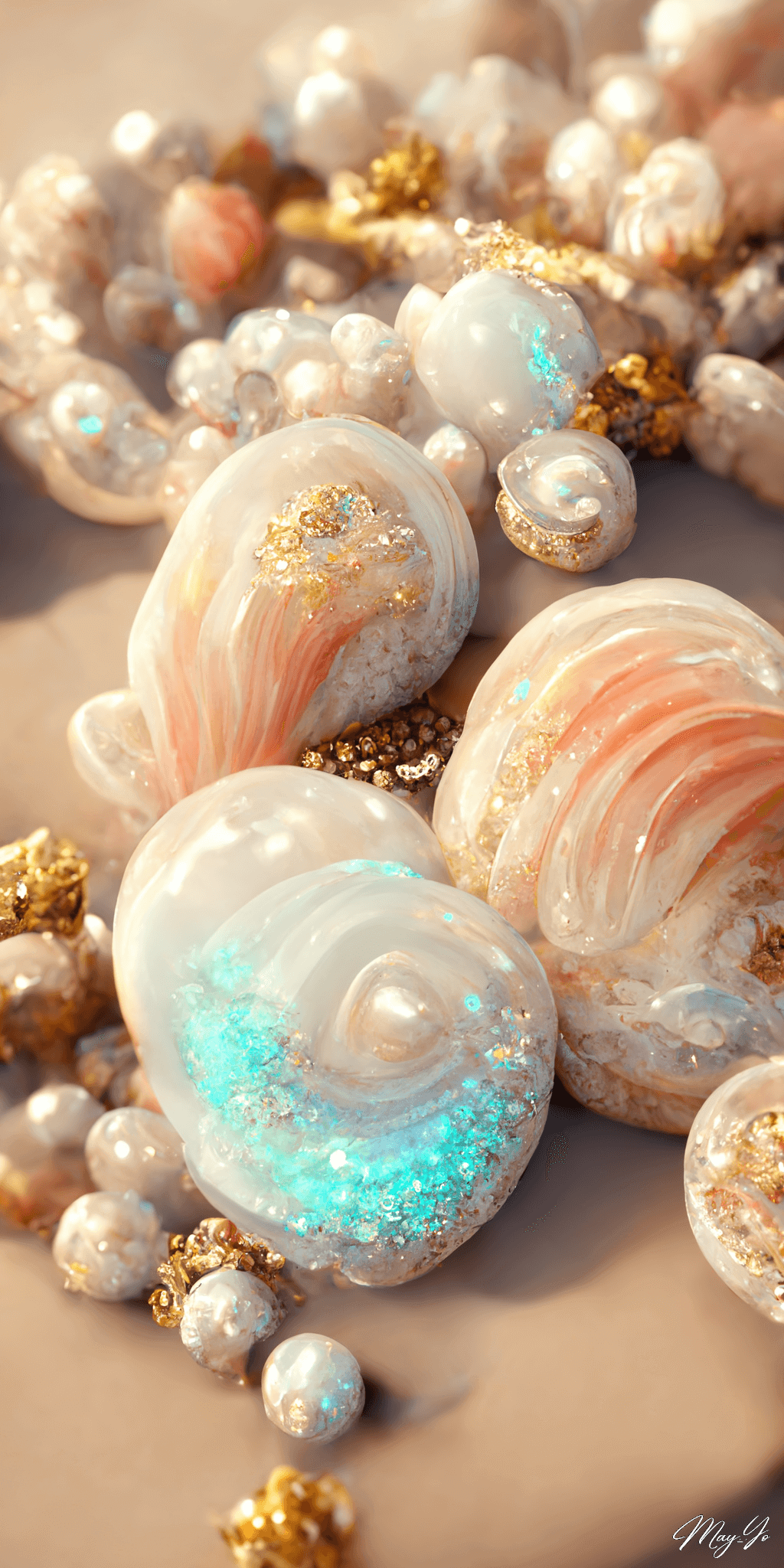 砂浜に打ち上げられた人魚の宝物をイメージしたジュエリーのイラスト 輝く貝殻の宝石の壁紙 ゴールドをあしらったジュエリー イラスト AIイラスト待受 縦長画像 seaside mermaid jewerly illustration gold and shell pearl luxery