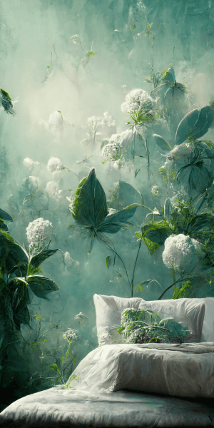 ミントグリーンの安らぐベッドルームの壁紙イラスト 観葉植物のある幻想的な寝室のイラスト待受 AIイラスト待受 縦長画像 mintgreen bedroom illustration green fiction art
