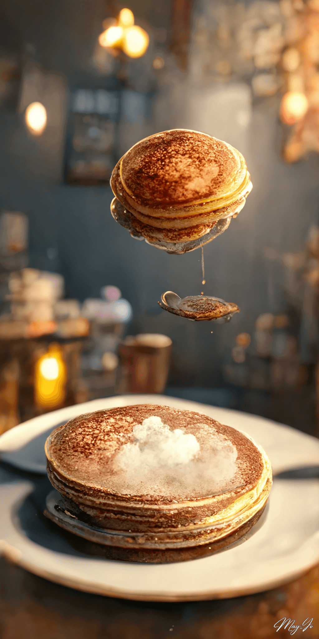 空飛ぶパンケーキの壁紙イラスト メープルシロップ付きの浮遊するパンケーキの待受 AIイラスト待受 縦長画像 pancake illustration fiction art