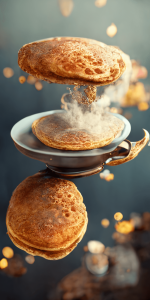 空飛ぶパンケーキの壁紙イラスト メープルシロップ付きの浮遊するパンケーキの待受 AIイラスト待受 縦長画像 pancake illustration fiction art