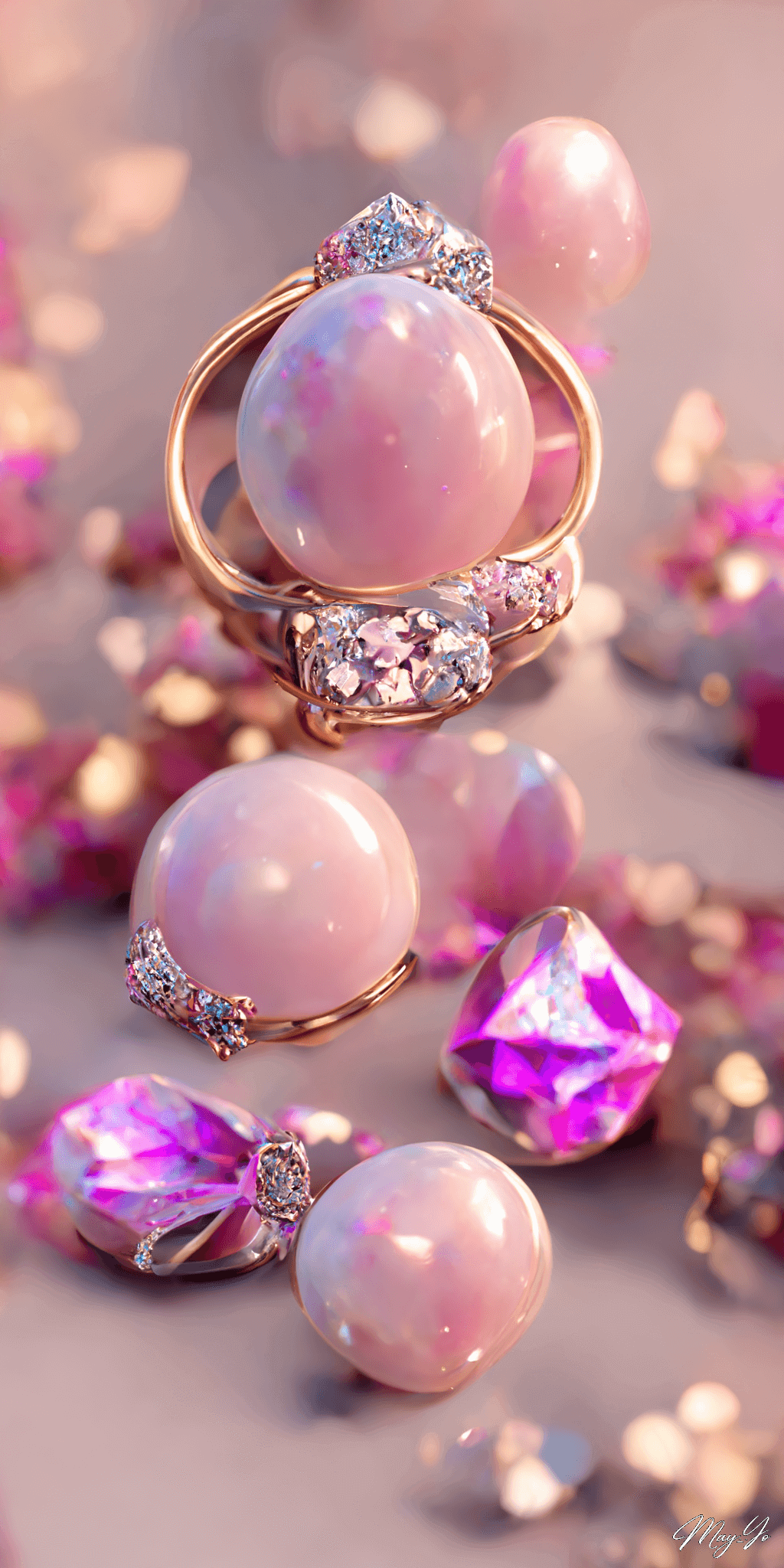 ピンクダイヤモンドとパールのジュエリー・宝石の壁紙イラスト ピンクゴールドのアクセサリーの待受 AIイラスト待受 縦長画像 pink daimonds jewelry illustration pink gold accessory fiction art