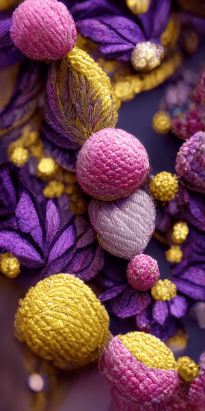 紫と黄色の刺繍糸で作られた手芸作品の壁紙イラスト ニット刺繍のイラスト待受 AIイラスト待受 縦長画像 embroidery illustration purple pink yellow fiction art