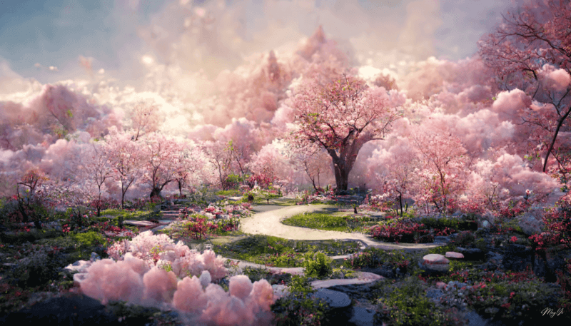 幻想的な桜が咲く公園のイラスト壁紙 デスクトップ待受画面 Daha 壁紙 待受イラスト