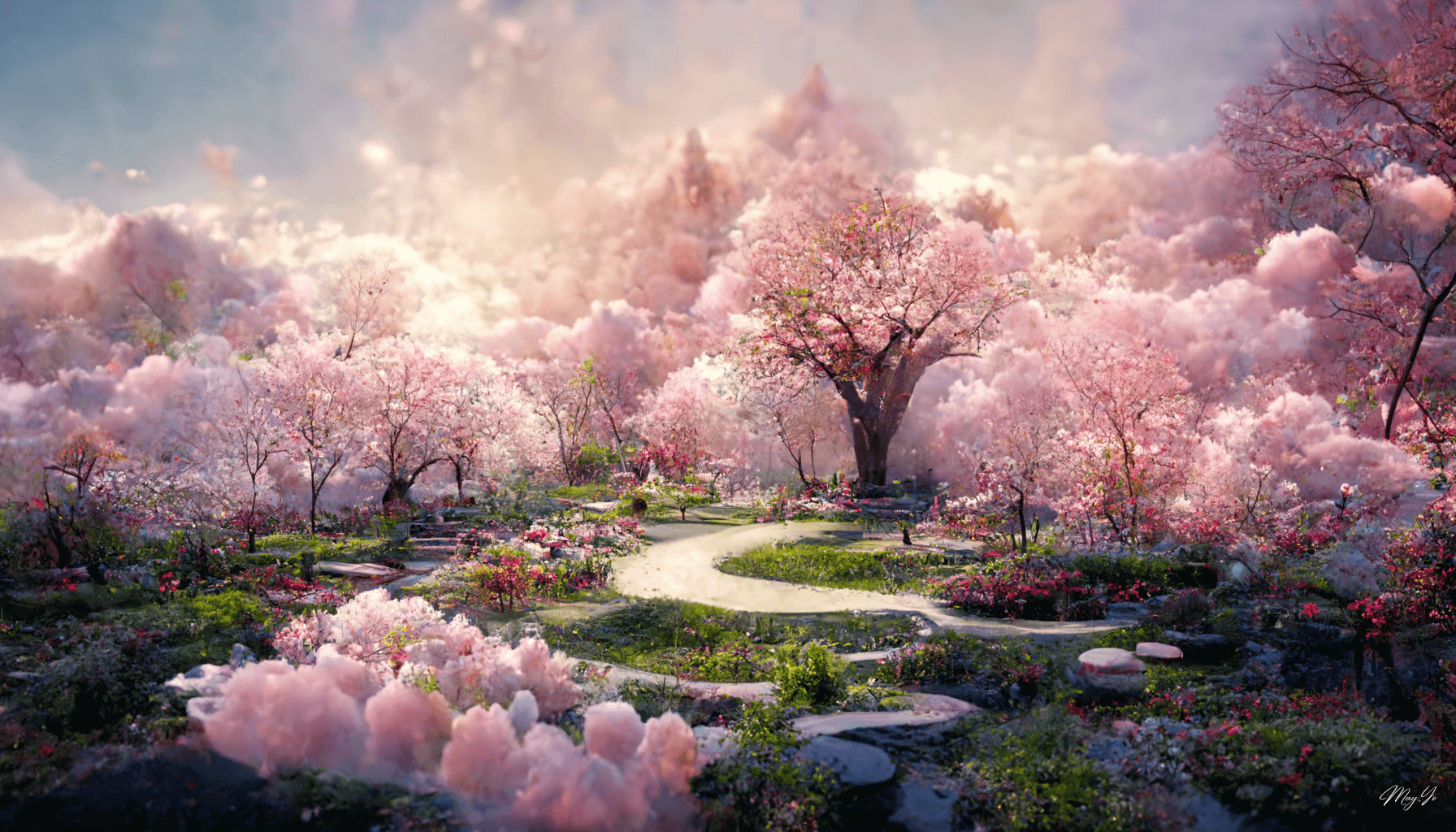 幻想的な桜が咲く公園のPC壁紙イラスト デスクトップ待受画面 ピンクの花が咲く公園のイラスト待受 AIイラスト待受 横長画像 fantasy sakura park illustration fiction art