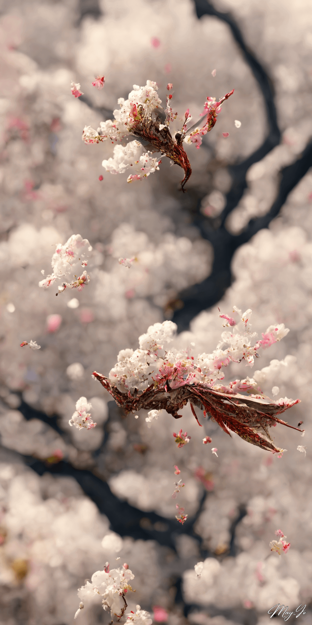 龍の遺伝子を持つ幻の桜の壁紙イラスト 龍と桜をイメージした待受 AIイラスト待受 縦長画像 phoenix dragon cherryblossom illustration fantasy sakura tree blooming