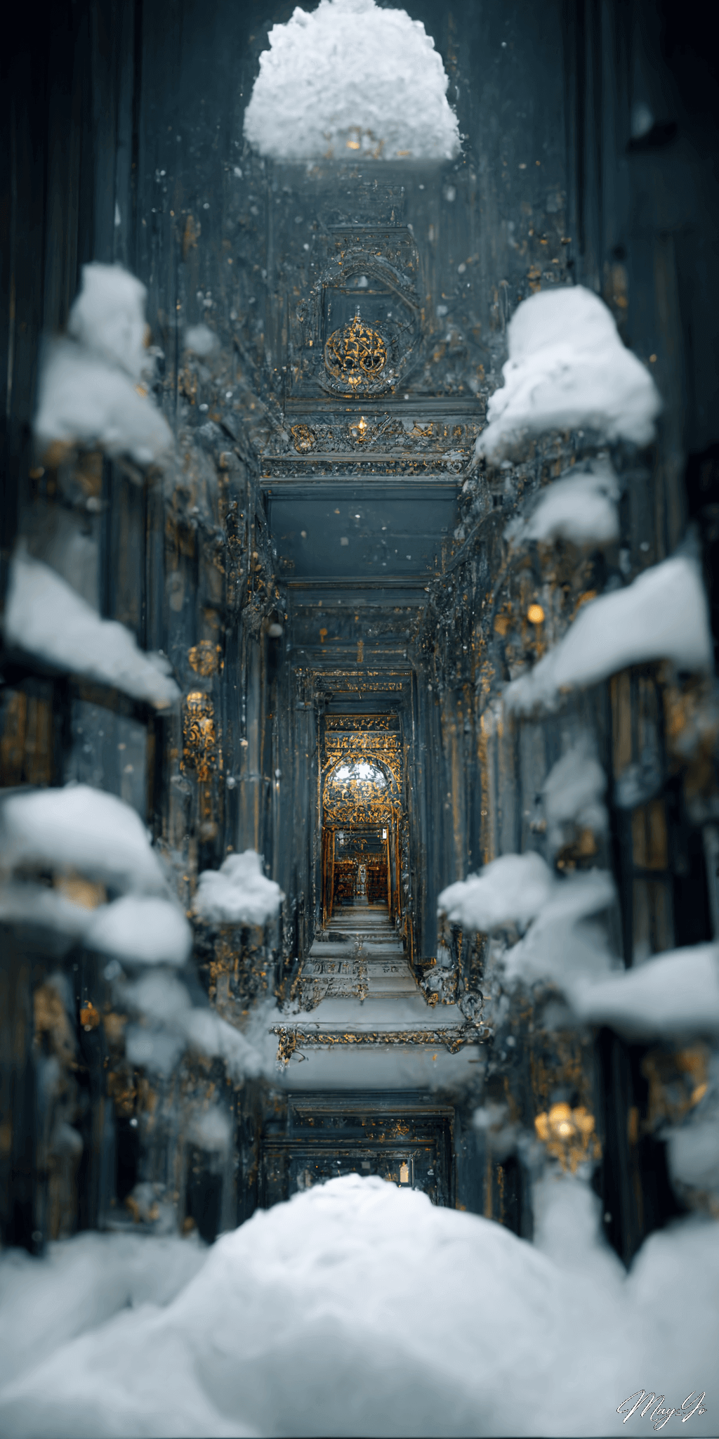 深い雪に覆われた魔法の王宮の壁紙イラスト 雪に埋め尽くされたお城の待受 AIイラスト待受 縦長画像 snow magical castle illustration frost palace
