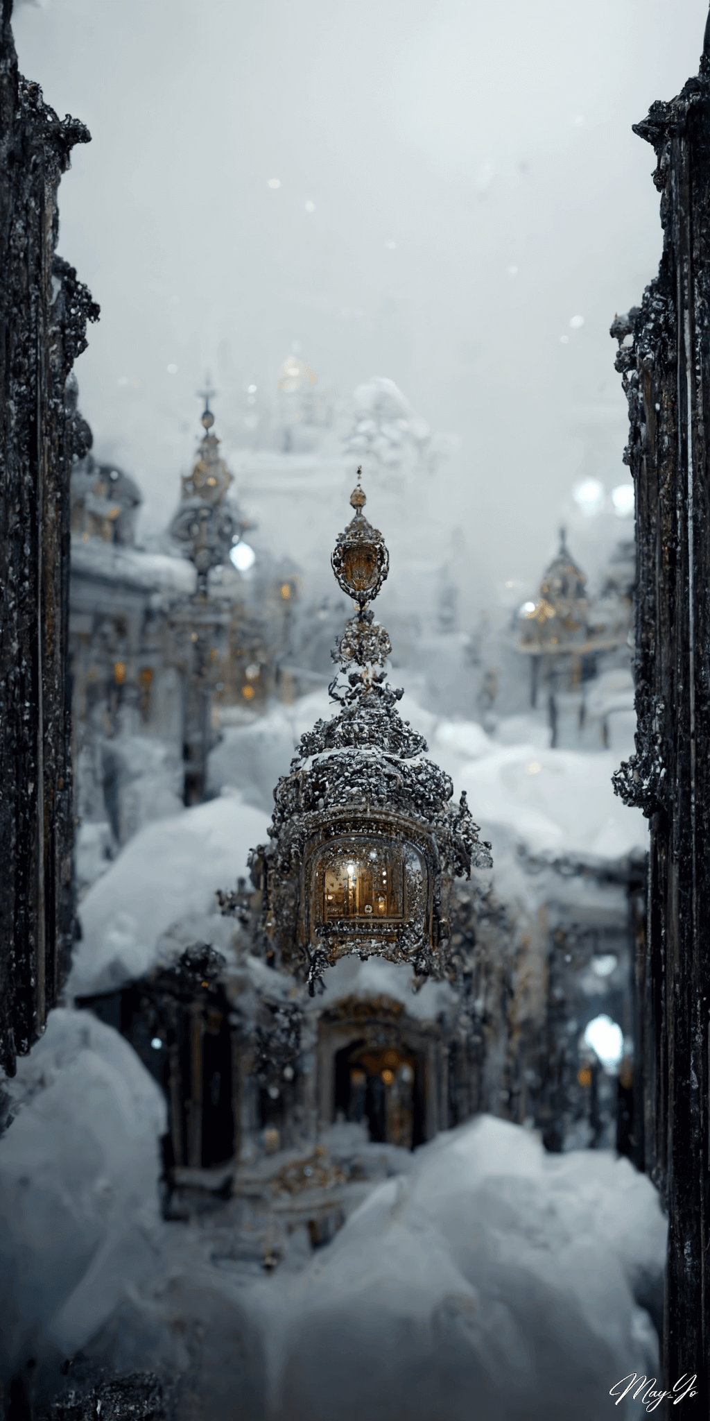 深い雪に覆われた魔法の王宮の壁紙イラスト 雪に埋め尽くされたお城の待受 AIイラスト待受 縦長画像 snow magical castle illustration frost palace