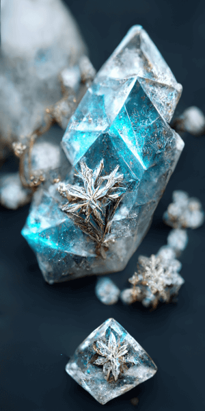 雪の結晶から生まれた宝石の壁紙イラスト 六つの花・雪の魔法のジュエリーの待受 AIイラスト待受 縦長画像 snow jewelry illustration fiction art
