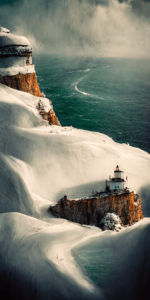 雪に覆われた断崖絶壁の壁紙イラスト 冬の孤島の絶景の絵画風イラスト待受 AIイラスト待受 縦長画像 snow islandcliff illustration landscape fiction art