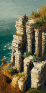 険しく切り立った孤島の崖の壁紙イラスト 海沿いの崖・絶景のイラスト待受 AIイラスト待受 縦長画像 island cliff illustration fiction art