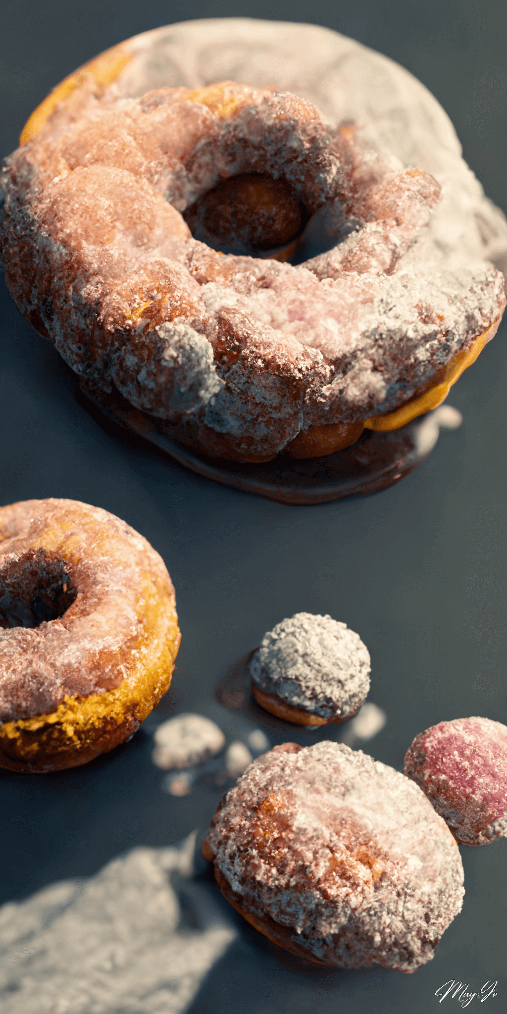 リアルな砂糖がけチョコレートドーナッツの壁紙イラスト 美味しそうなシュガーグレーズドーナツの待受 AIイラスト待受 縦長画像 tasty sugar donuts illustration sweet