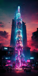 夜明けのシンセウェーブシティの壁紙イラスト ヴェイパーウェイヴカラーのネオンが輝く未来都市の朝焼けのイラスト待受 AIイラスト待受 縦長画像 dawn synthwave city illustration vaperwave fiction art