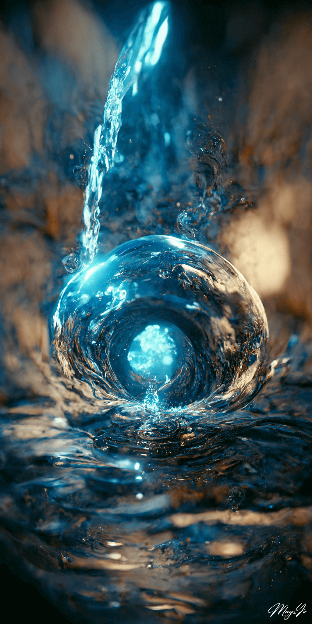 飛び散る水滴がリアルな水の魔法の壁紙イラスト 水流・渦をイメージした待受 AIイラスト待受 縦長画像 water magic illustration fantasy splash