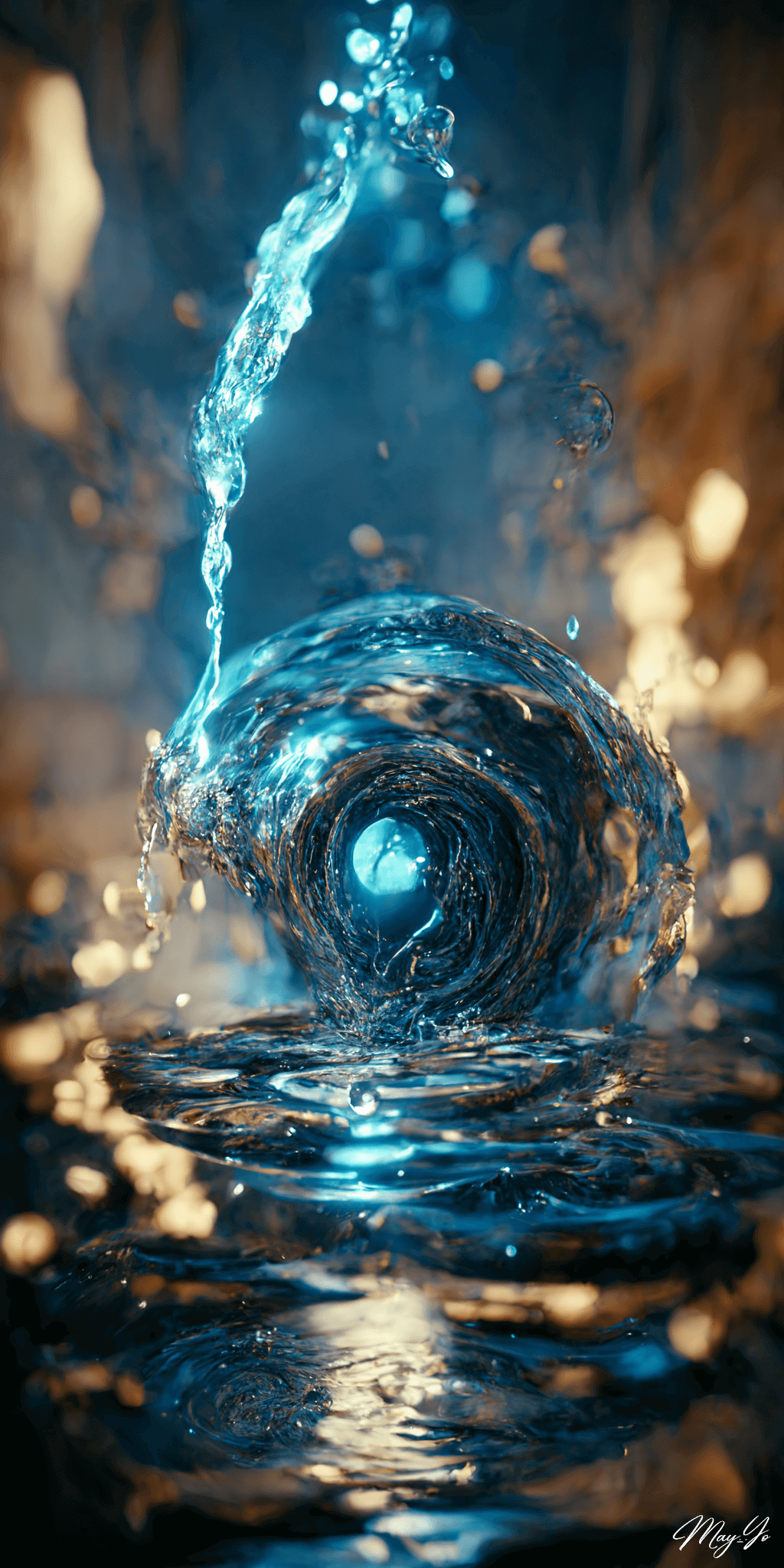 飛び散る水滴がリアルな水の魔法の壁紙イラスト 水流・渦をイメージした待受 AIイラスト待受 縦長画像 water magic illustration fantasy splash