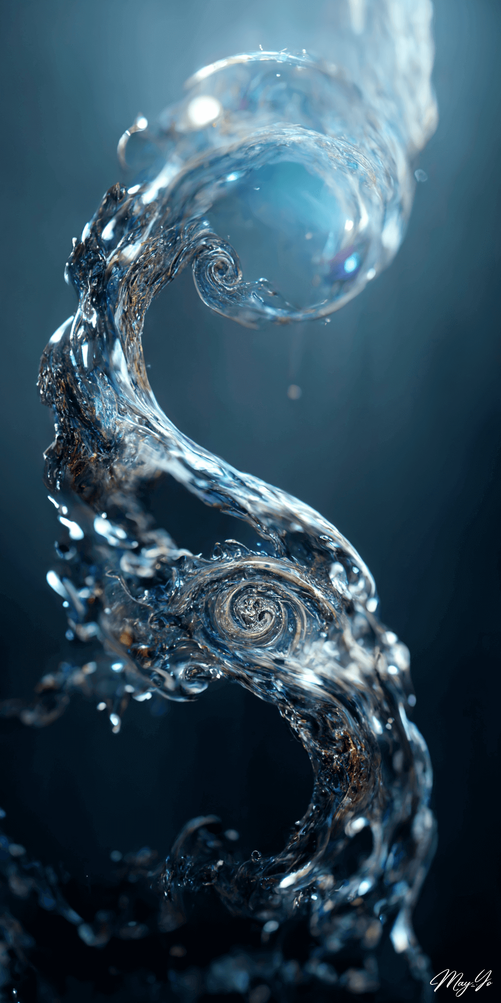 飛び散る水滴がリアルな水の魔法の壁紙イラスト 水流・渦をイメージした待受 AIイラスト待受 縦長画像 water magic illustration fantasy splash