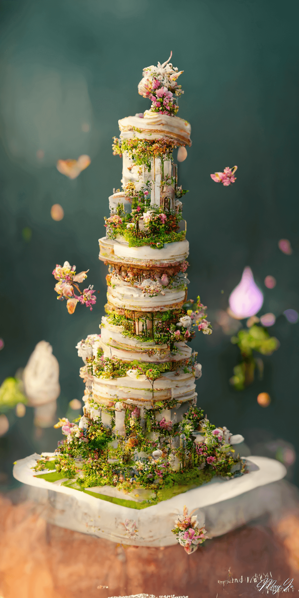 ウェディングケーキでできた不思議なタワーの壁紙イラスト ガーデンウェディングパーティーの塔のイメージの待受 AIイラスト待受 縦長画像 garden wedding party tower illustration wedding cake tower fiction art