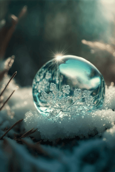冬の朝日を反射して輝く雪の枝葉とクリスタルのような氷の粒の壁紙イラスト 氷の結晶の接写風イラスト待受 AIイラスト待受 縦長画像 snowy morning crystal illustration macro photographic fiction art